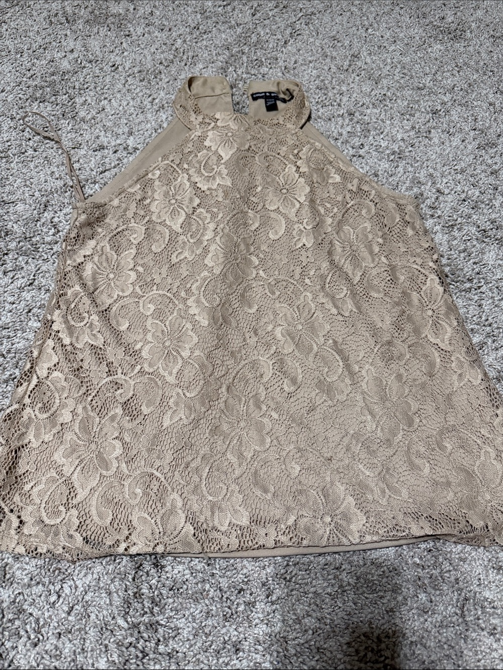 High Neck Lace Halter Tank Top - Beige